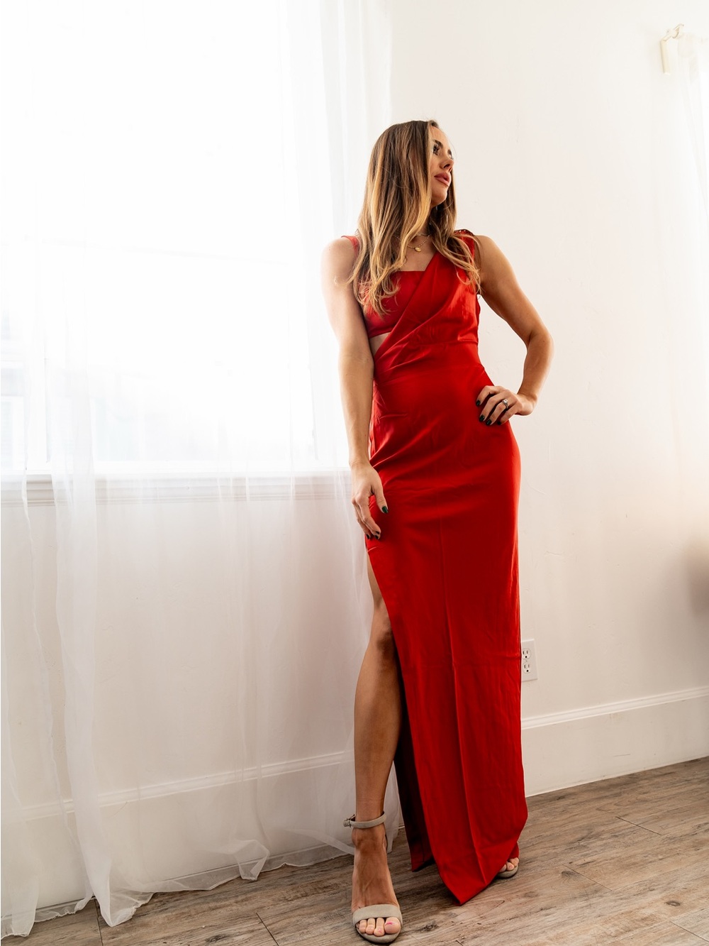 NBD Red Satin Cutout Maxi Dress